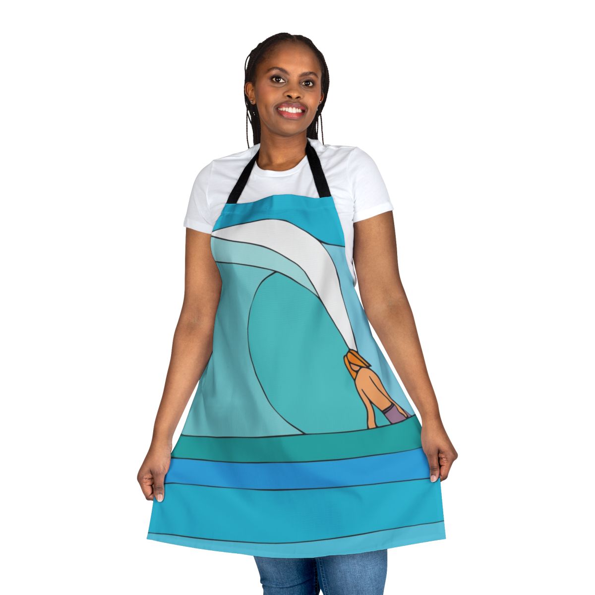Colorful apron featuring a sketch-style design of a surfboard and ocean waves crashing below the sea level
