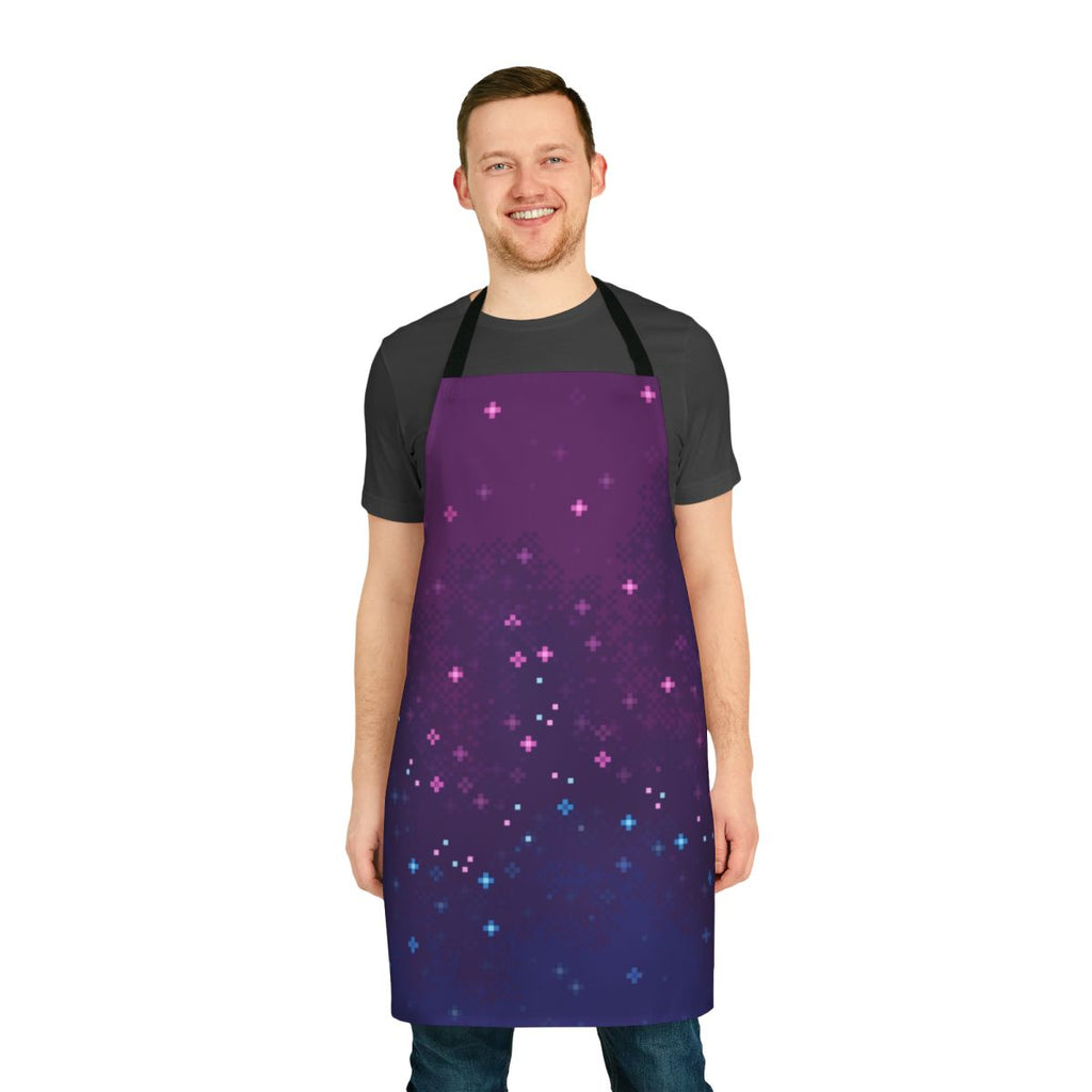 Stylish 8-bit galaxy apron with bisexual pride colors and cosmic pixel art design