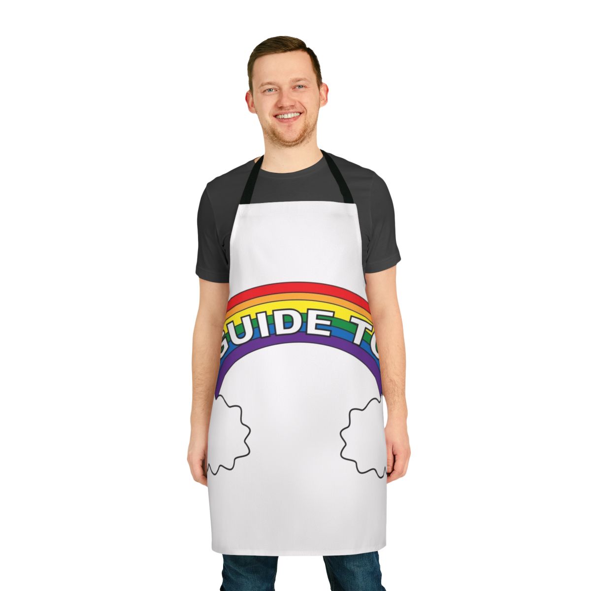 Colorful Big Mouth themed apron with cloud and rainbow design