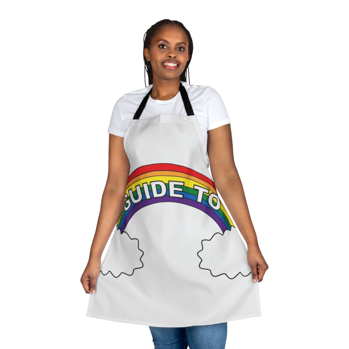 Colorful Big Mouth themed apron with cloud and rainbow design