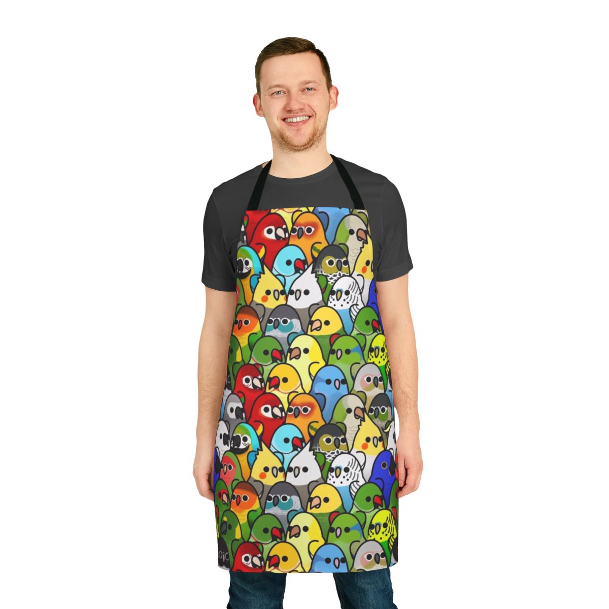 Apron featuring a colorful bird squad design for bird enthusiasts