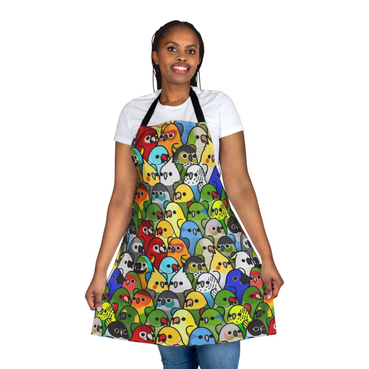 Apron featuring a colorful bird squad design for bird enthusiasts