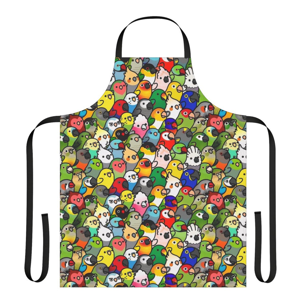 Colorful apron featuring a variety of bird species, including cockatiels, parrots, and parakeets.