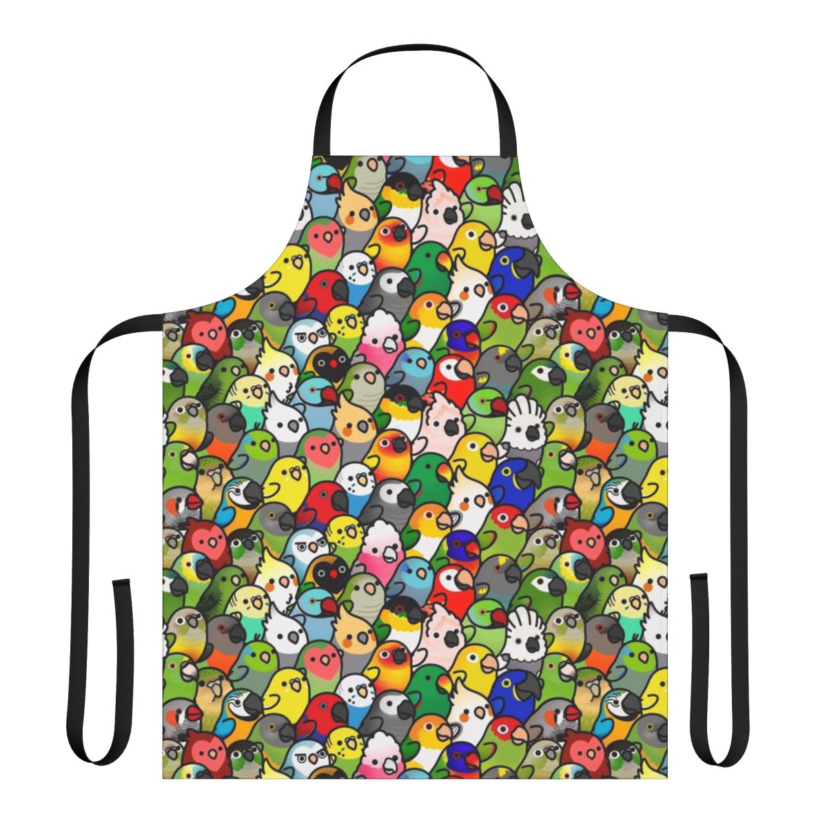 Colorful apron featuring a variety of bird species, including cockatiels, parrots, and parakeets.