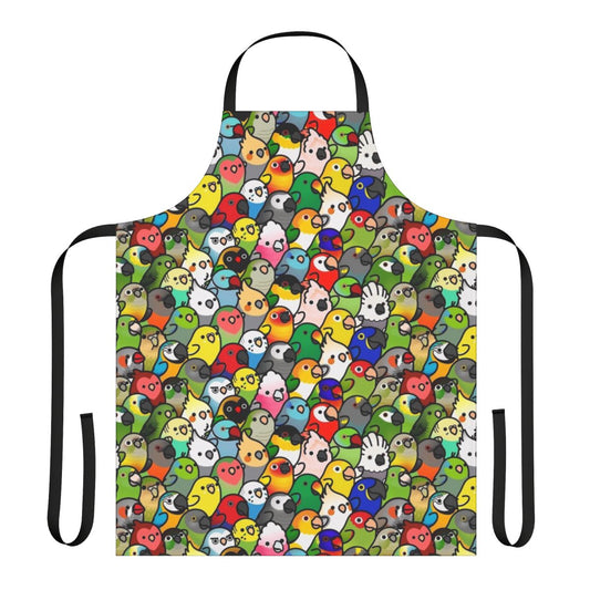 Colorful apron featuring a variety of bird species, including cockatiels, parrots, and parakeets.
