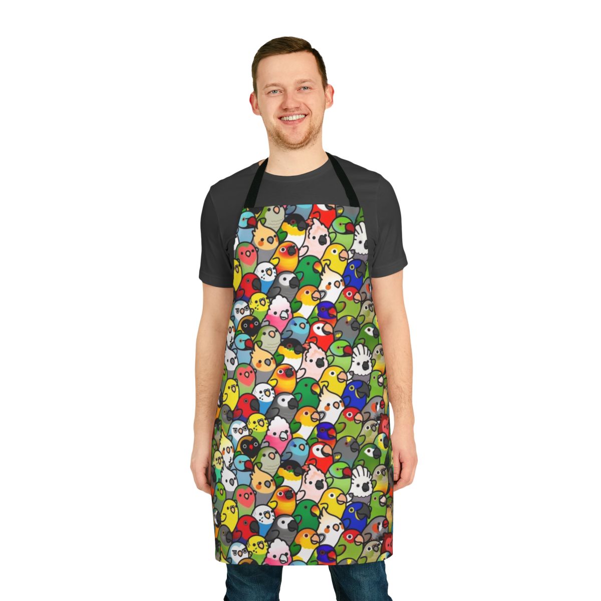 Colorful apron featuring a variety of bird species, including cockatiels, parrots, and parakeets.