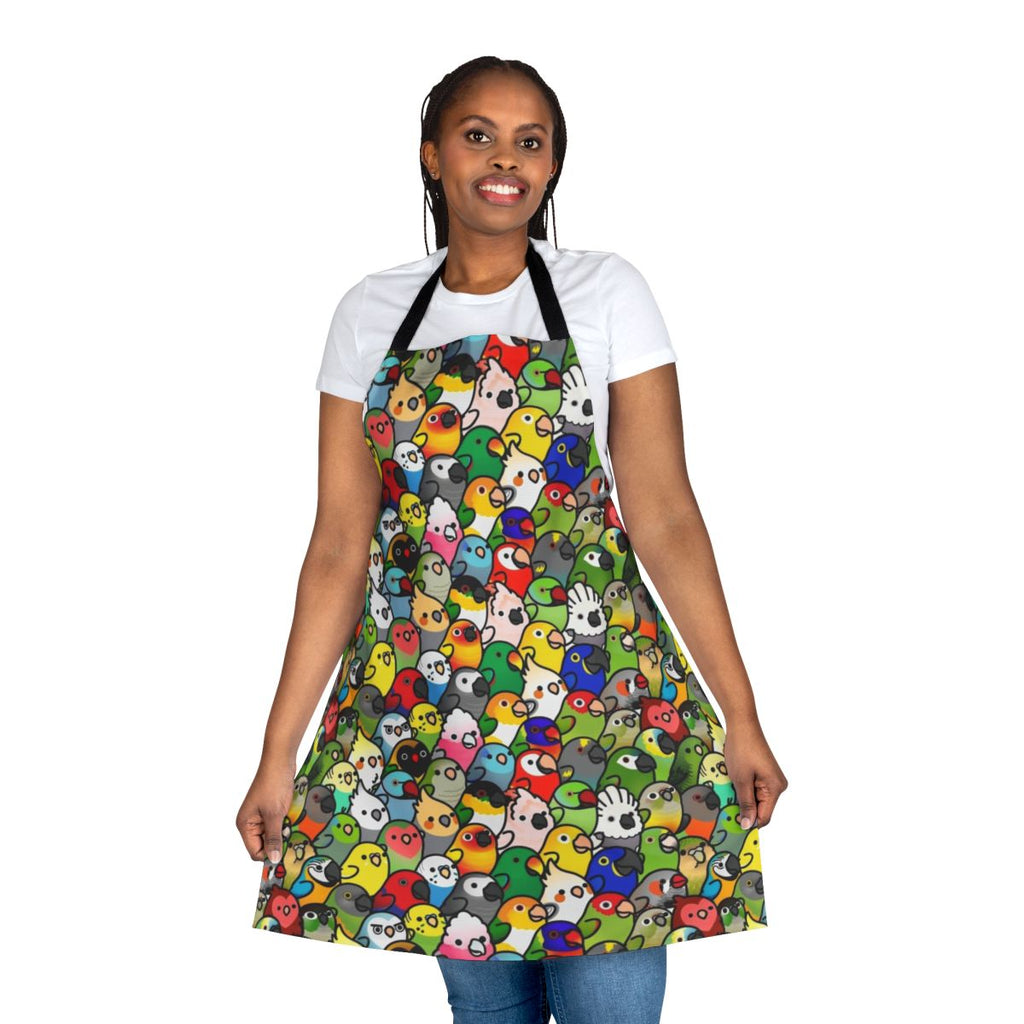 Colorful apron featuring a variety of bird species, including cockatiels, parrots, and parakeets.