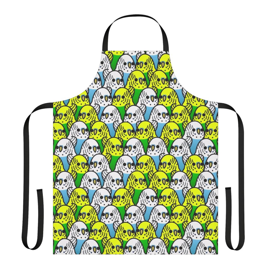 Colorful apron featuring a playful design of various species of birds including budgies, cockatiels, and macaws.