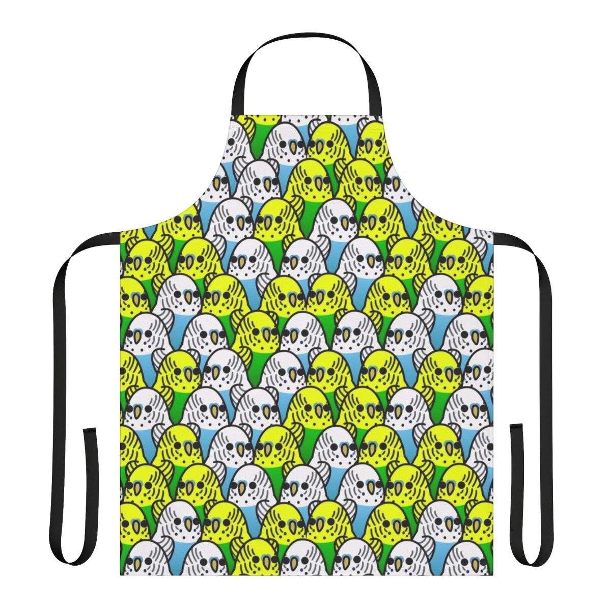 Colorful apron featuring a playful design of various species of birds including budgies, cockatiels, and macaws.