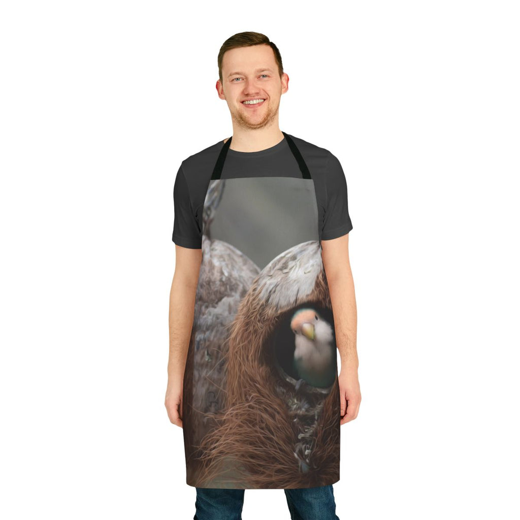 Colorful apron featuring various birds and nature-inspired designs
