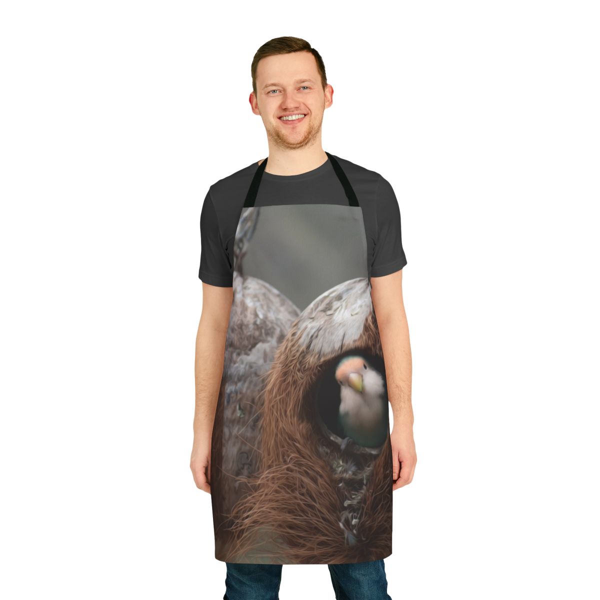 Colorful apron featuring various birds and nature-inspired designs