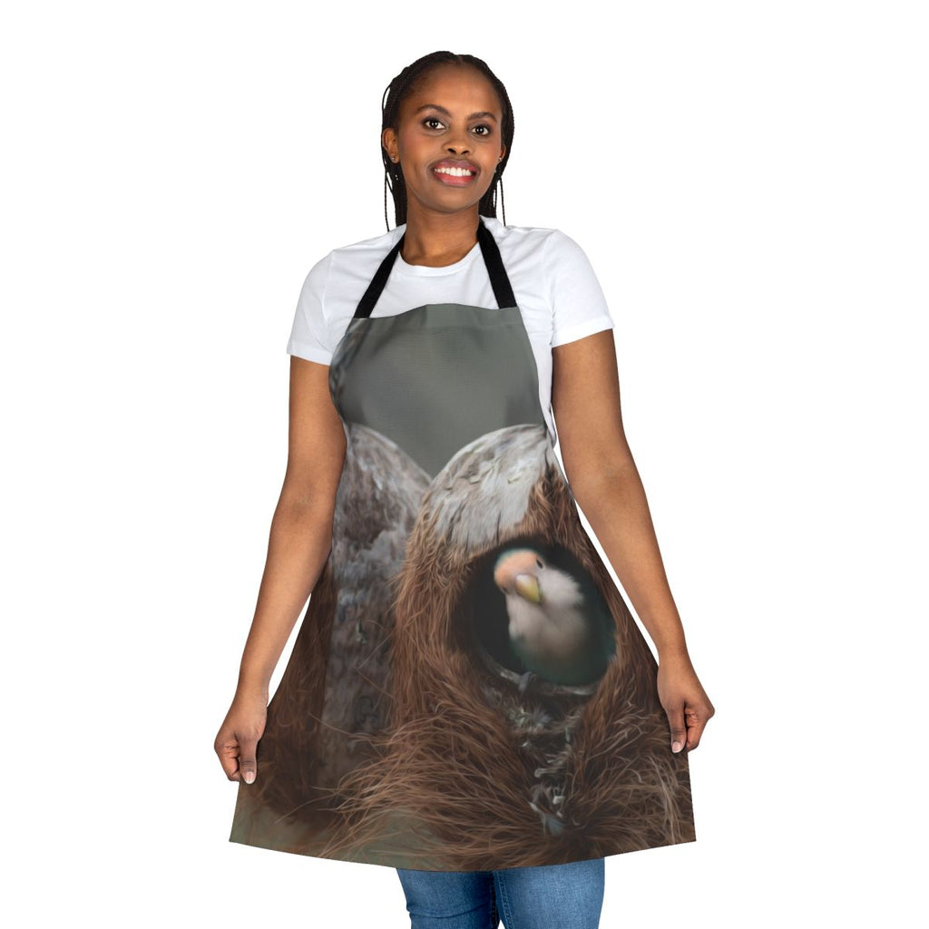 Colorful apron featuring various birds and nature-inspired designs