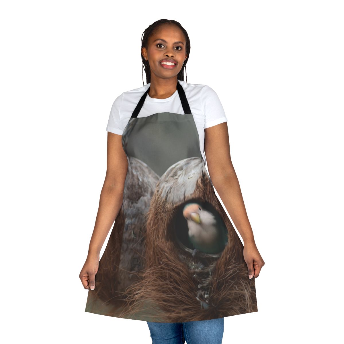 Colorful apron featuring various birds and nature-inspired designs