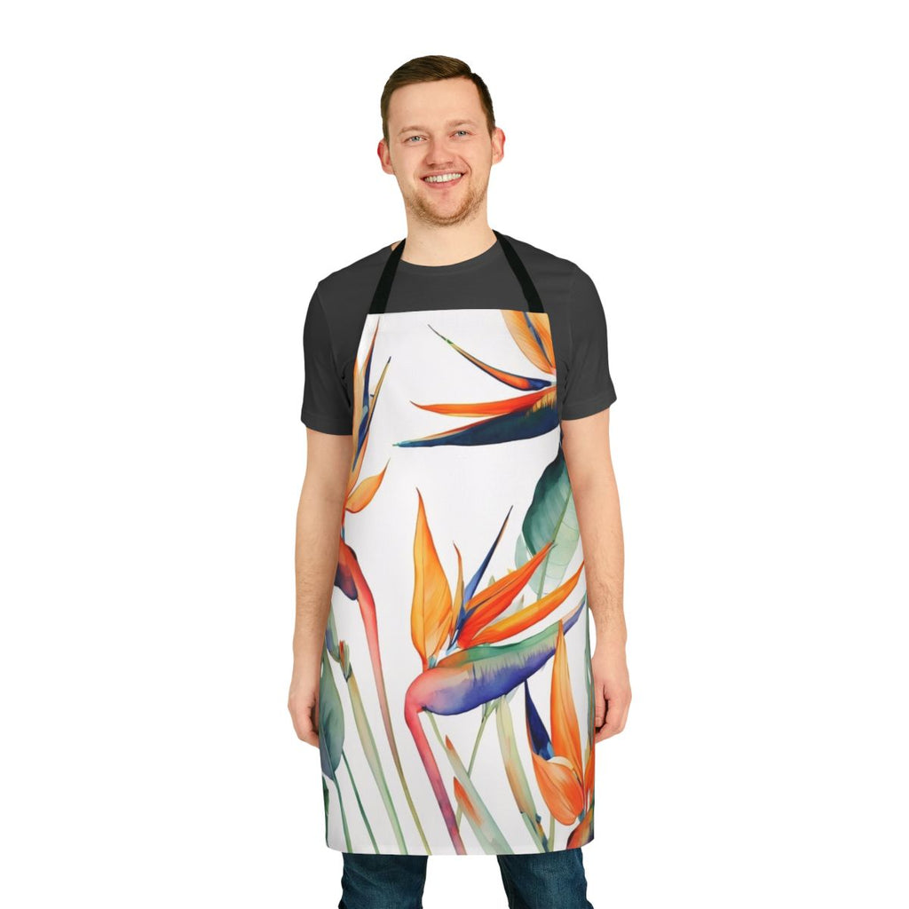 Colorful apron featuring a bold tropical birds of paradise floral design