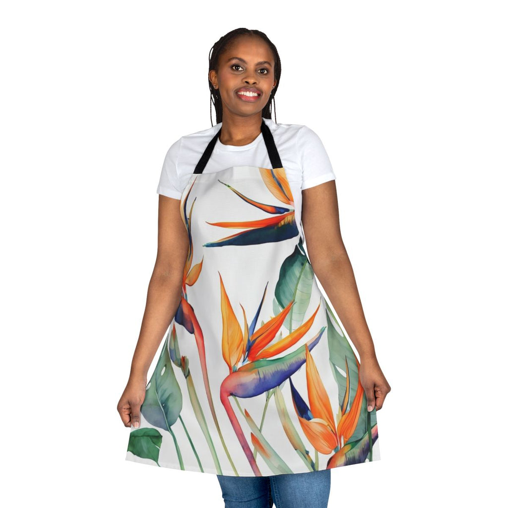 Colorful apron featuring a bold tropical birds of paradise floral design