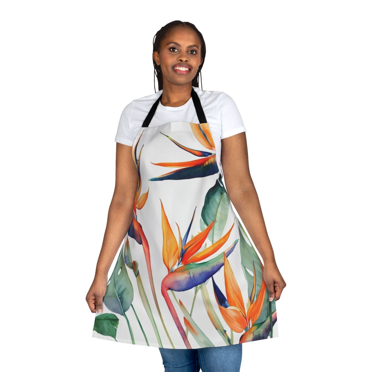 Colorful apron featuring a bold tropical birds of paradise floral design