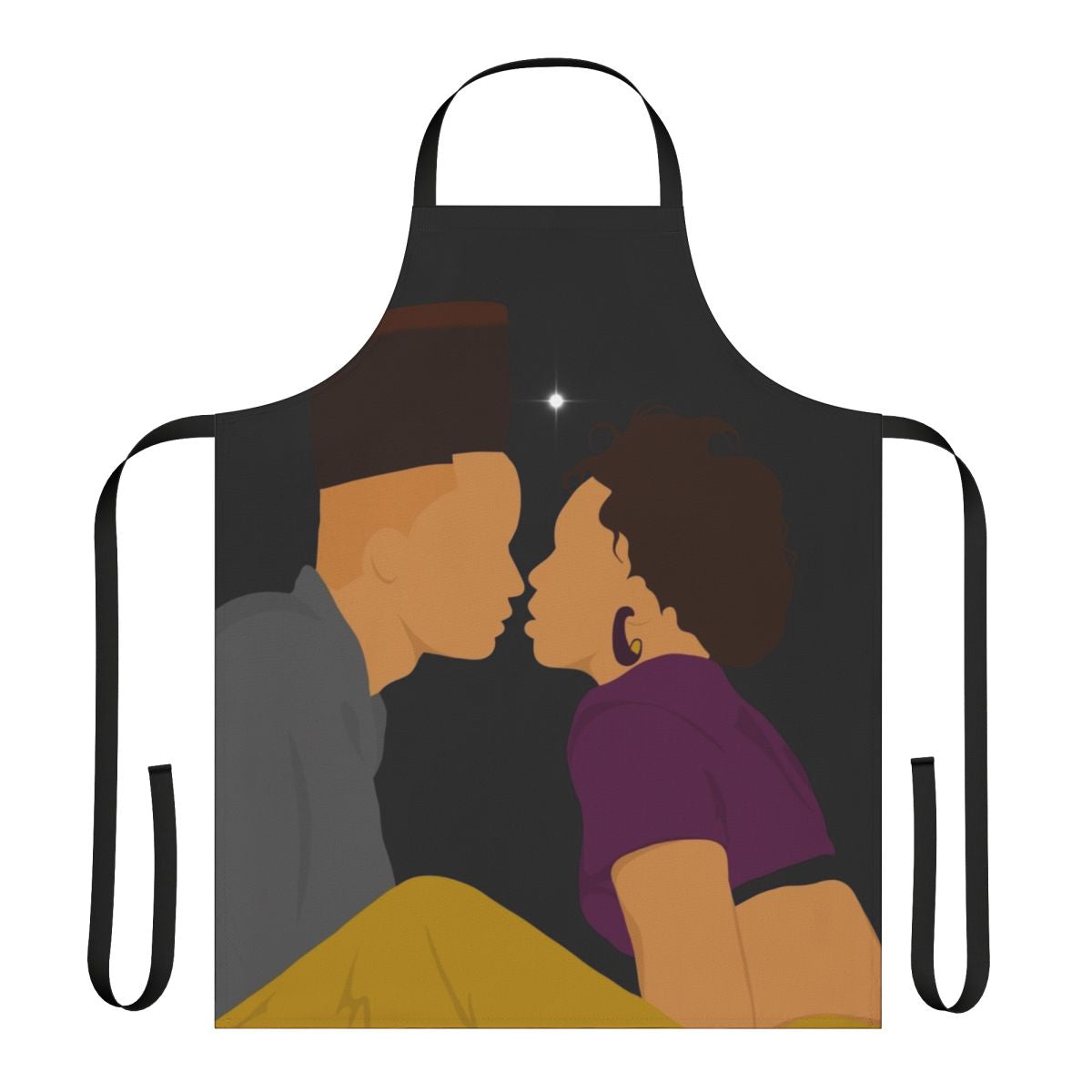 Colorful apron featuring icons and imagery from beloved 90s black comedy films