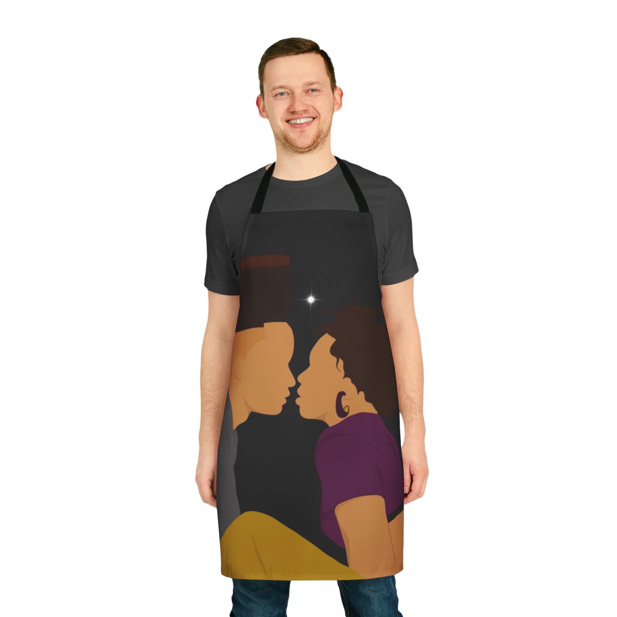 Colorful apron featuring icons and imagery from beloved 90s black comedy films