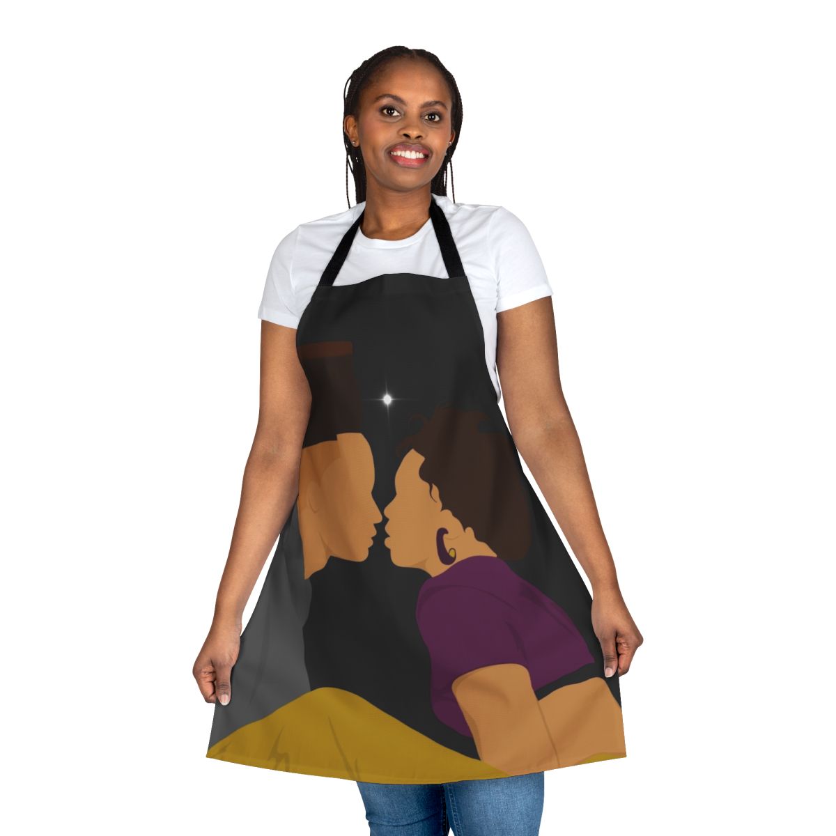 Colorful apron featuring icons and imagery from beloved 90s black comedy films