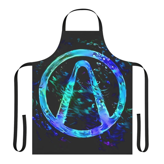 A black apron with a vibrant neon Borderlands vault hunter symbol design.