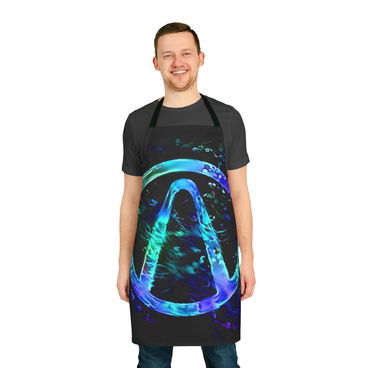 A black apron with a vibrant neon Borderlands vault hunter symbol design.