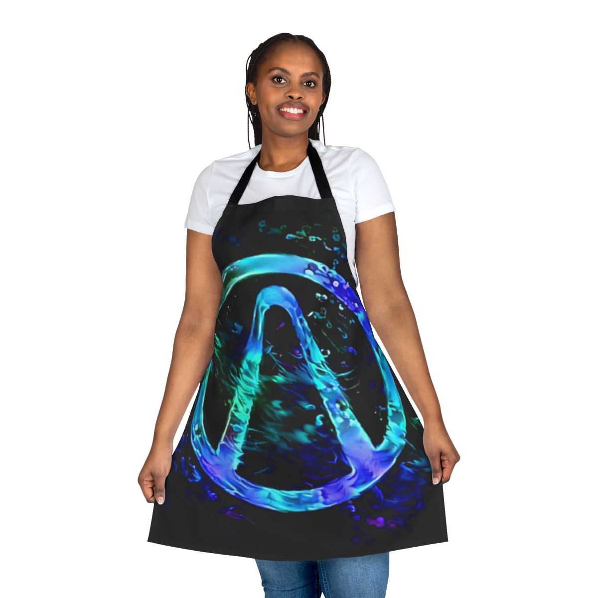 A black apron with a vibrant neon Borderlands vault hunter symbol design.