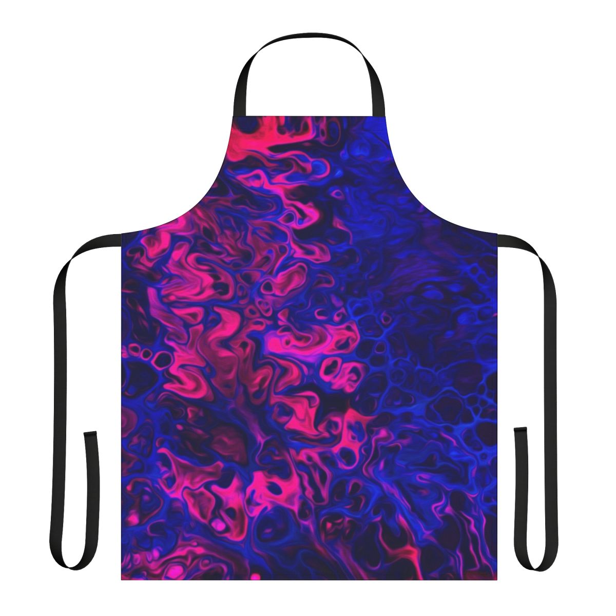 Blacklight-reactive apron featuring an abstract, poured art design in vivid colors
