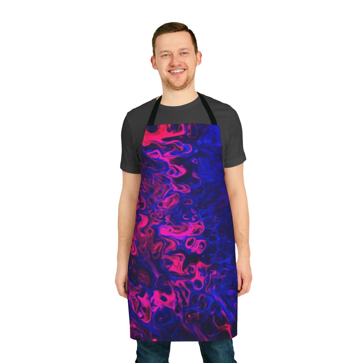 Blacklight-reactive apron featuring an abstract, poured art design in vivid colors