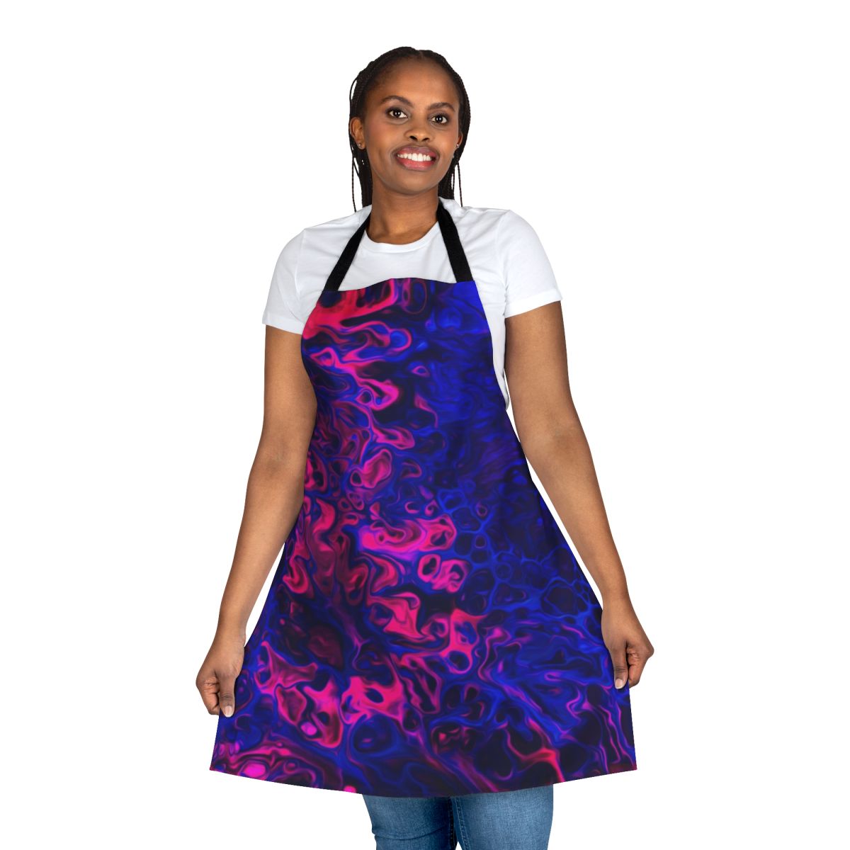 Blacklight-reactive apron featuring an abstract, poured art design in vivid colors