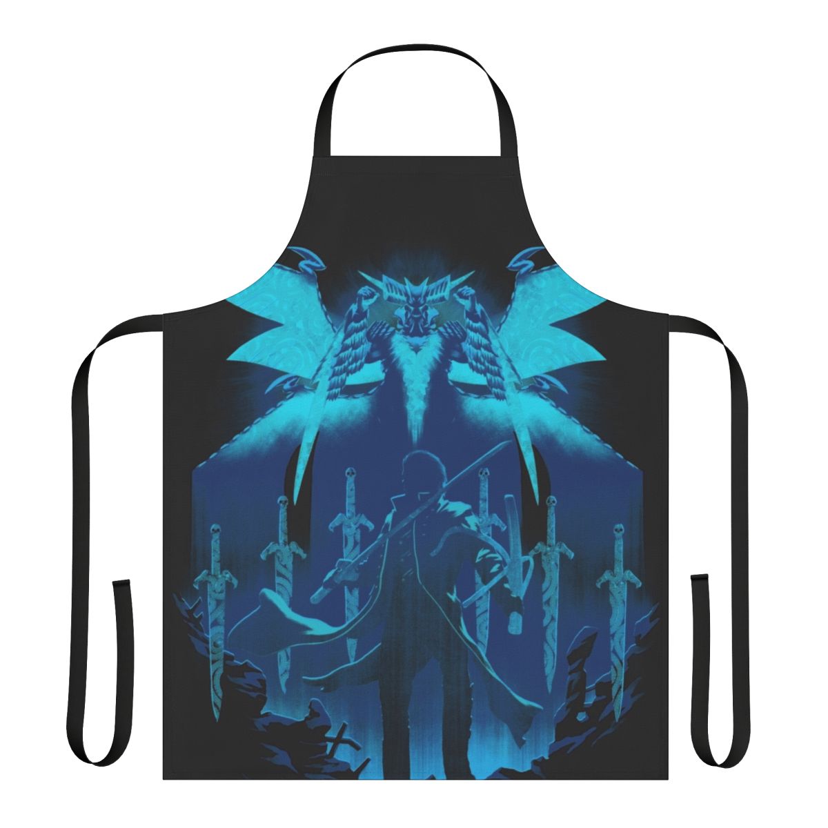 Blue apron with gaming and Devil May Cry-inspired designs