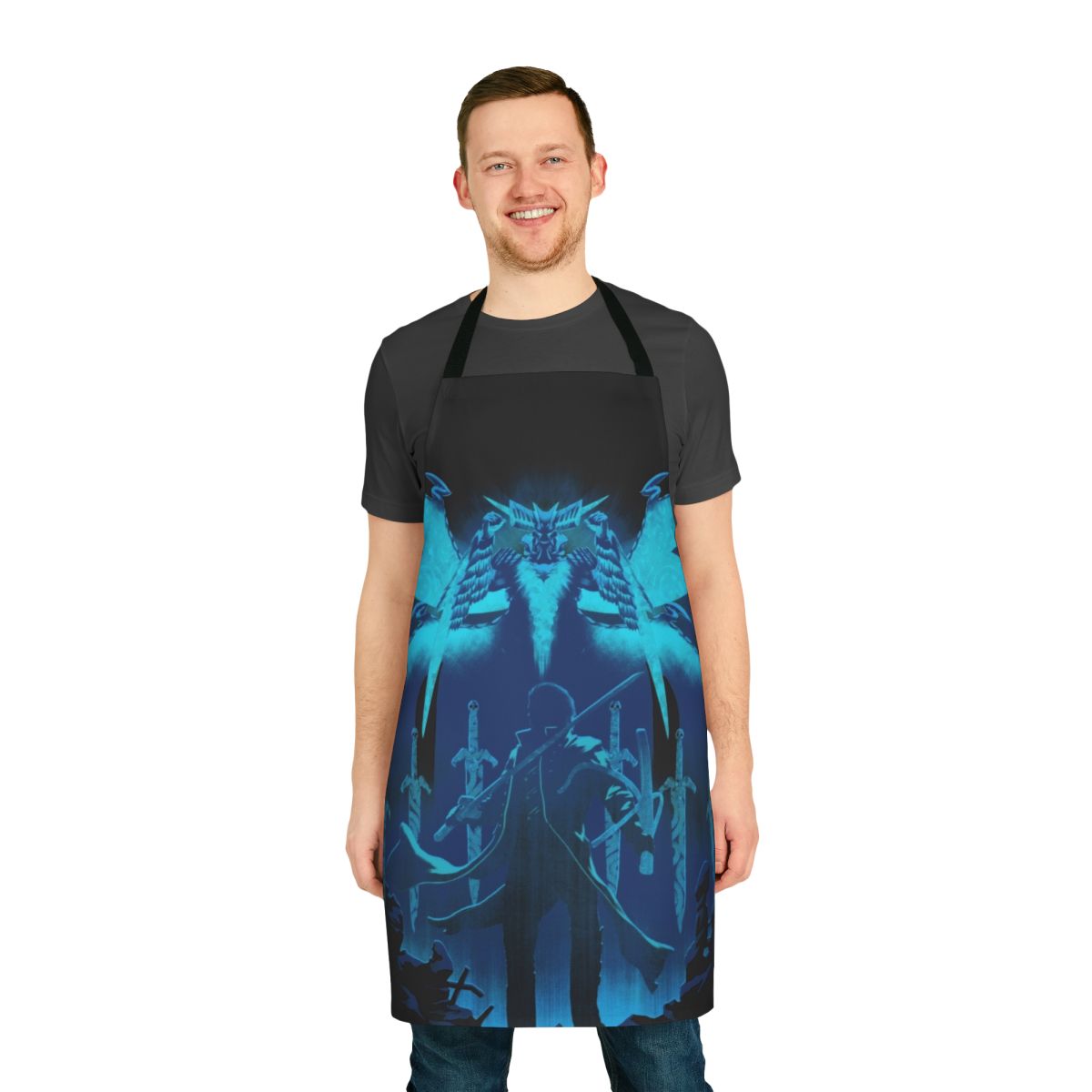 Blue apron with gaming and Devil May Cry-inspired designs