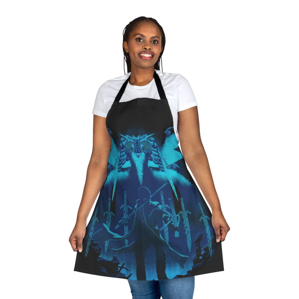 Blue apron with gaming and Devil May Cry-inspired designs