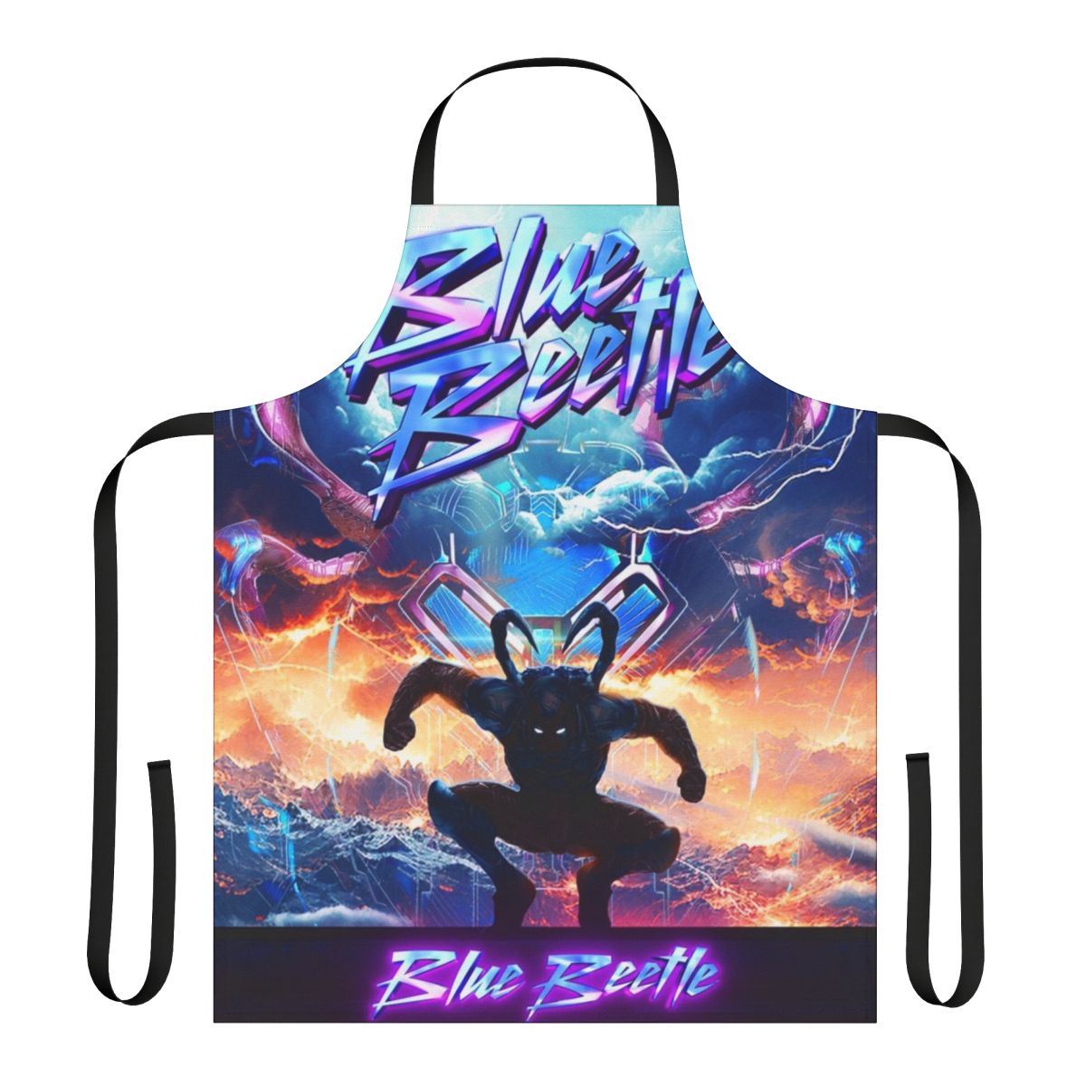 Blue Beetle-themed apron with dynamic beetle graphic