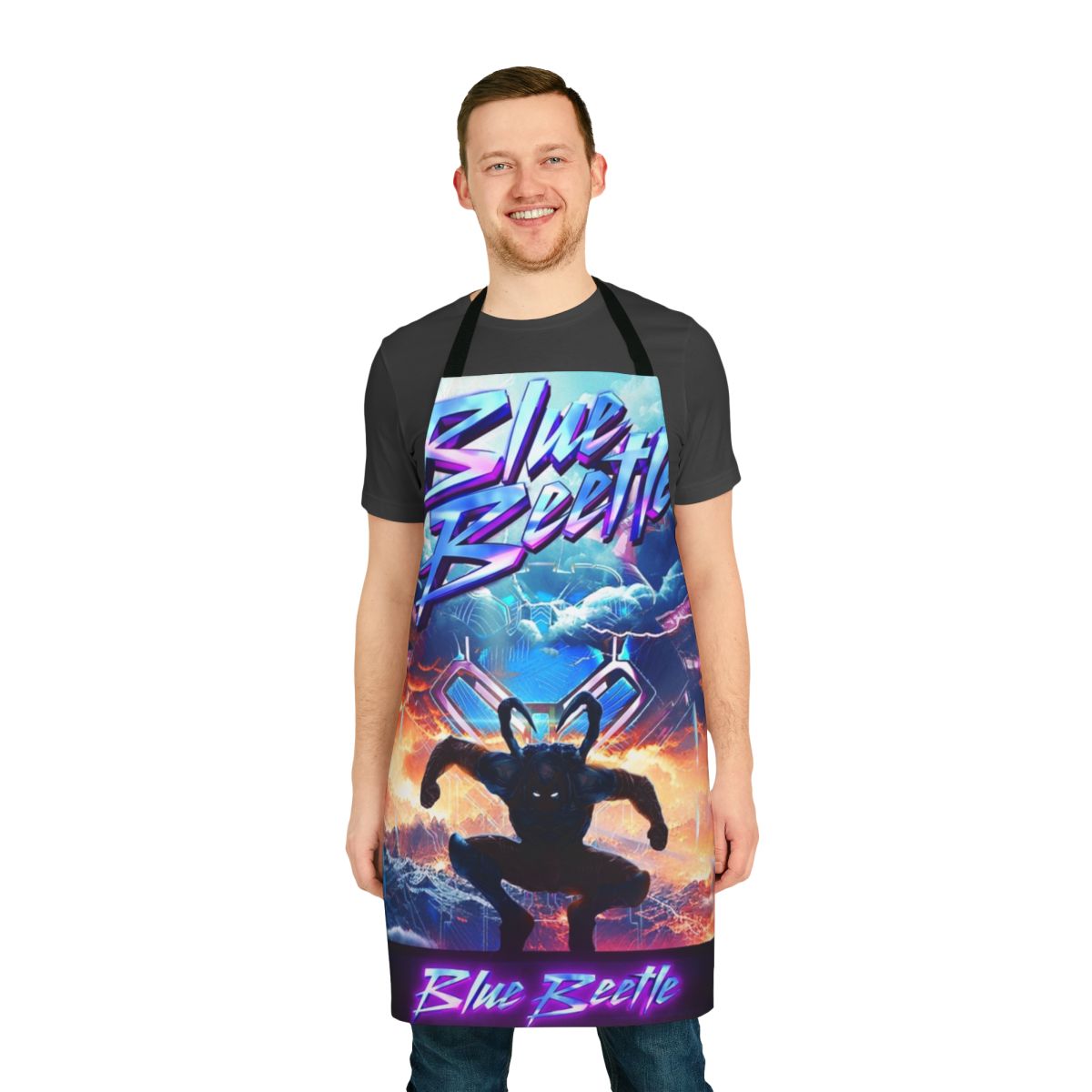 Blue Beetle-themed apron with dynamic beetle graphic