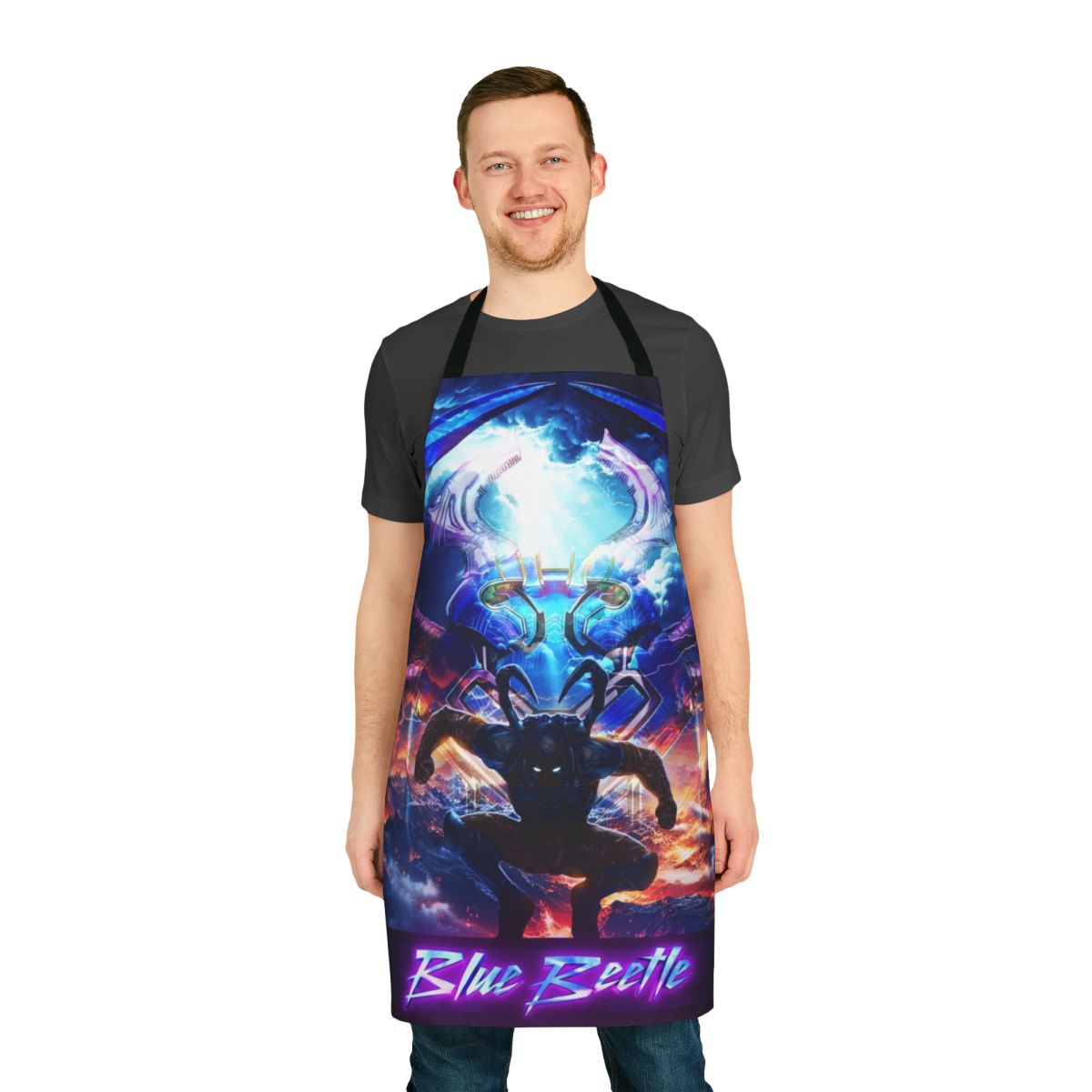 Blue and black apron featuring the iconic blue beetle superhero design