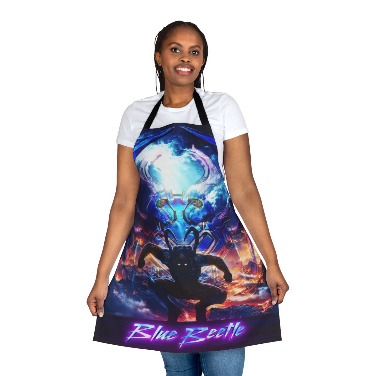 Blue and black apron featuring the iconic blue beetle superhero design
