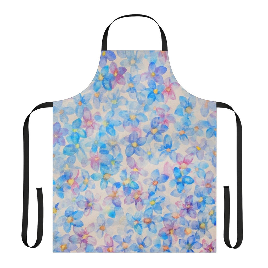 Blue watercolor flower buds painting on an apron