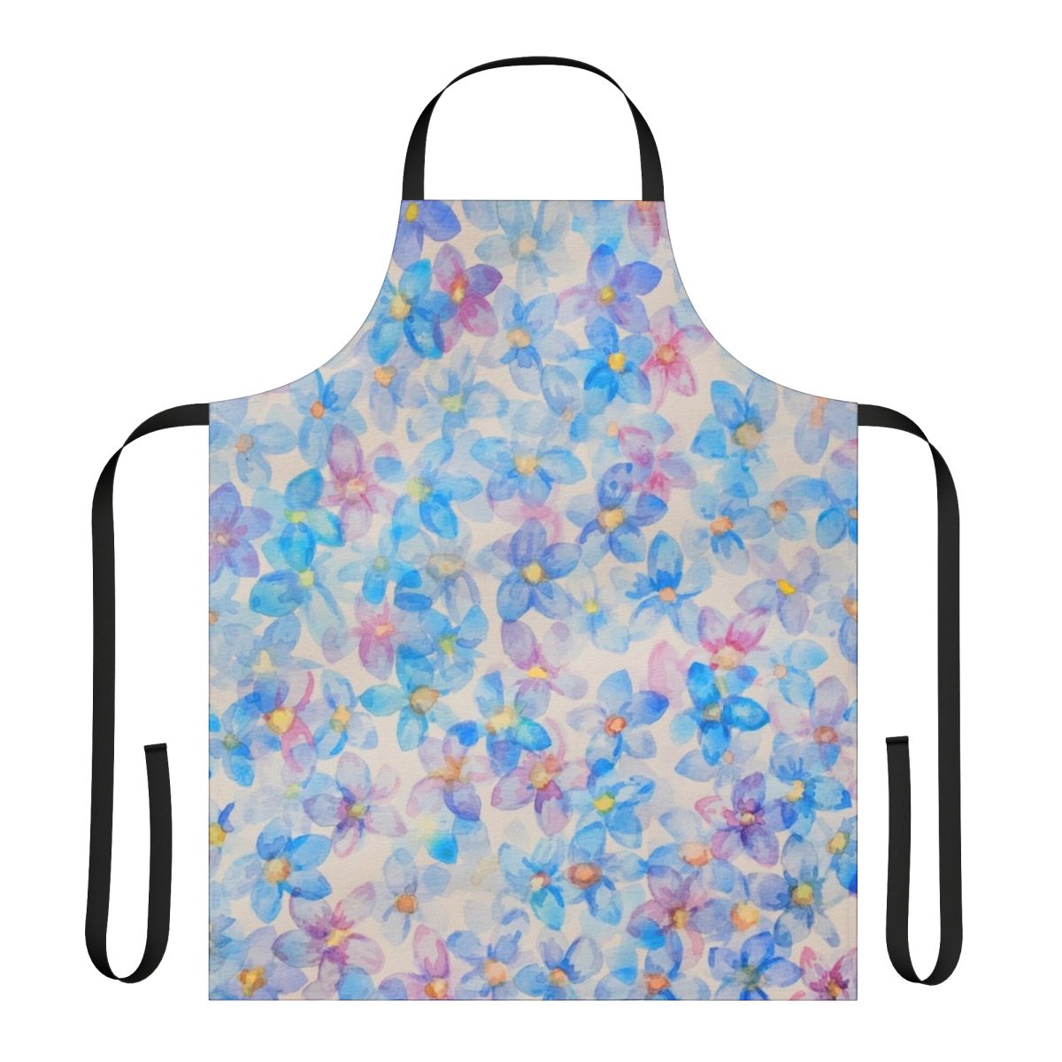 Blue watercolor flower buds painting on an apron