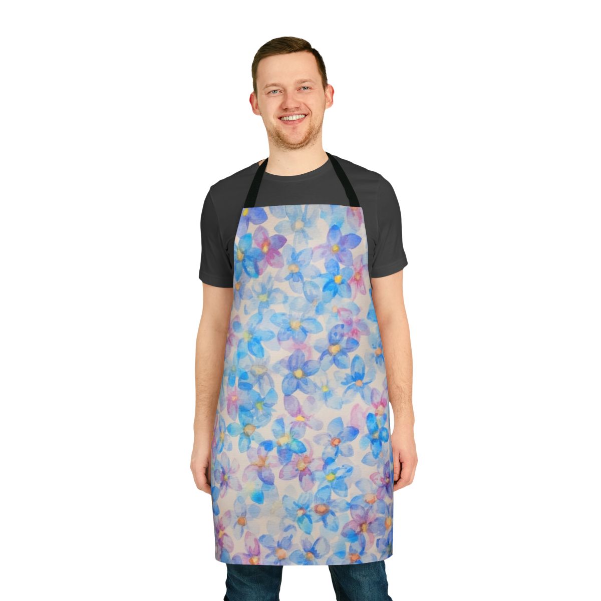 Blue watercolor flower buds painting on an apron