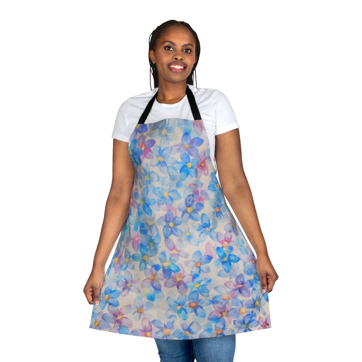 Blue watercolor flower buds painting on an apron