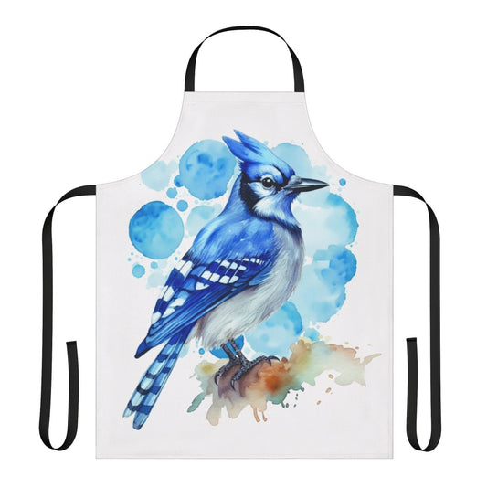 Apron featuring a beautiful watercolor illustration of a blue jay bird in nature