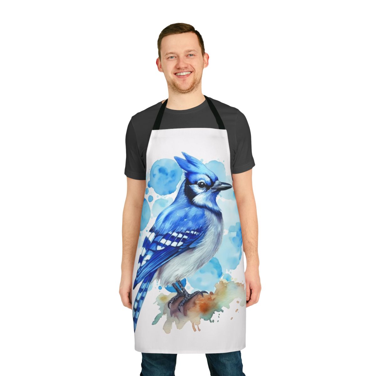 Apron featuring a beautiful watercolor illustration of a blue jay bird in nature