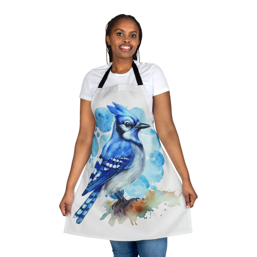 Apron featuring a beautiful watercolor illustration of a blue jay bird in nature