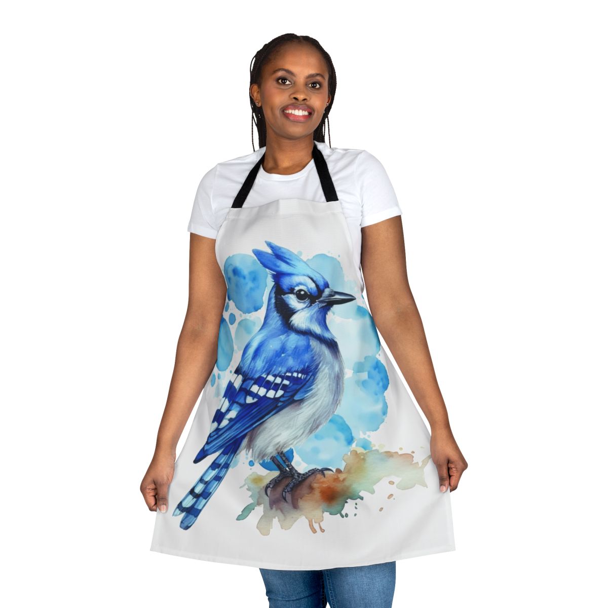 Apron featuring a beautiful watercolor illustration of a blue jay bird in nature