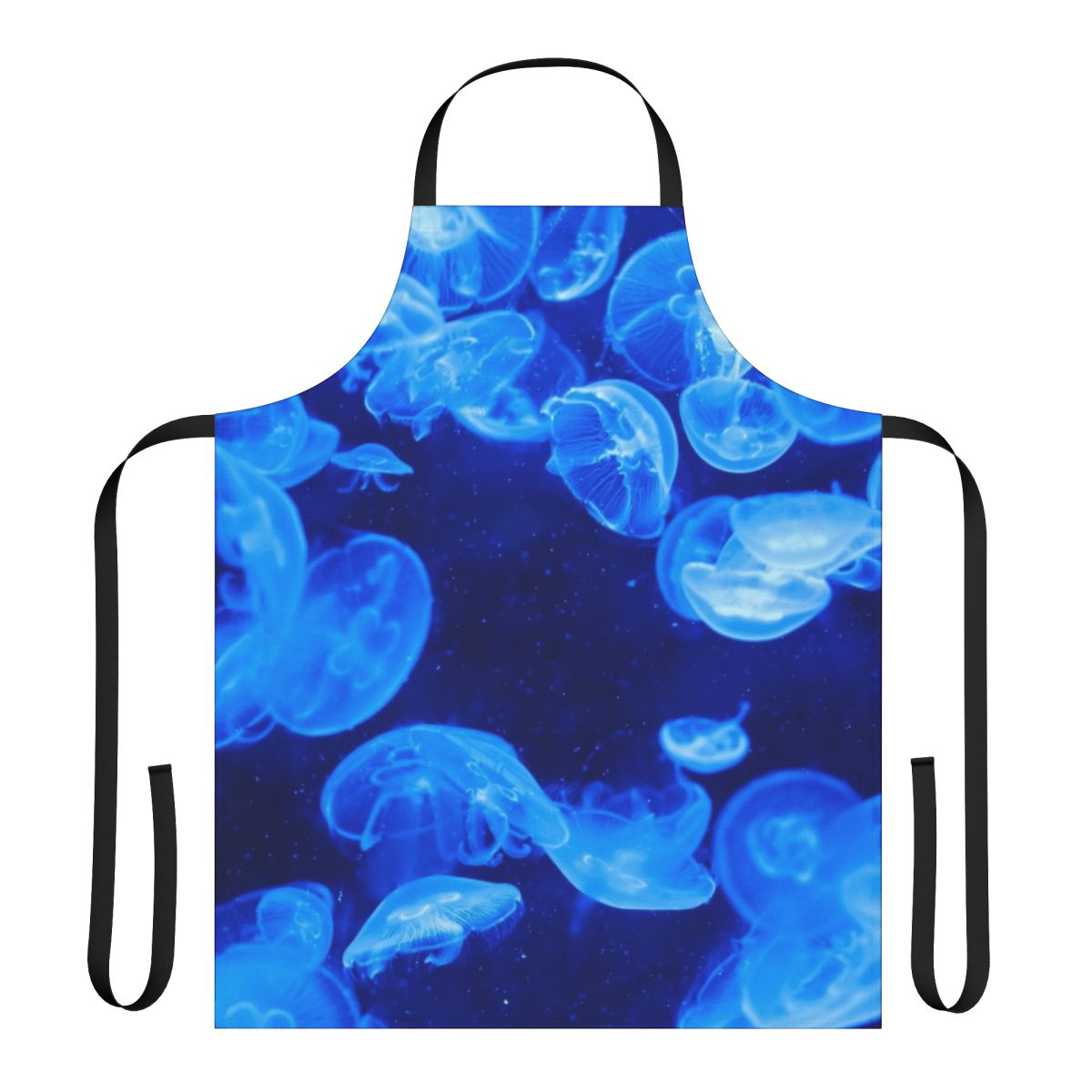 Image of a blue jellyfish design on an apron, perfect for cooking or crafting.