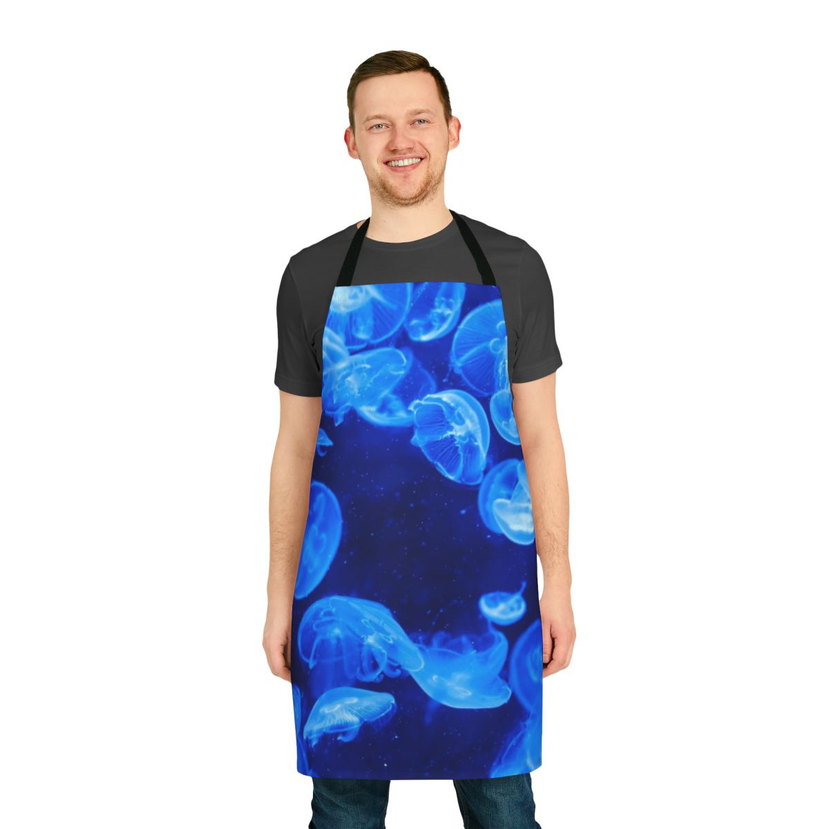 Image of a blue jellyfish design on an apron, perfect for cooking or crafting.