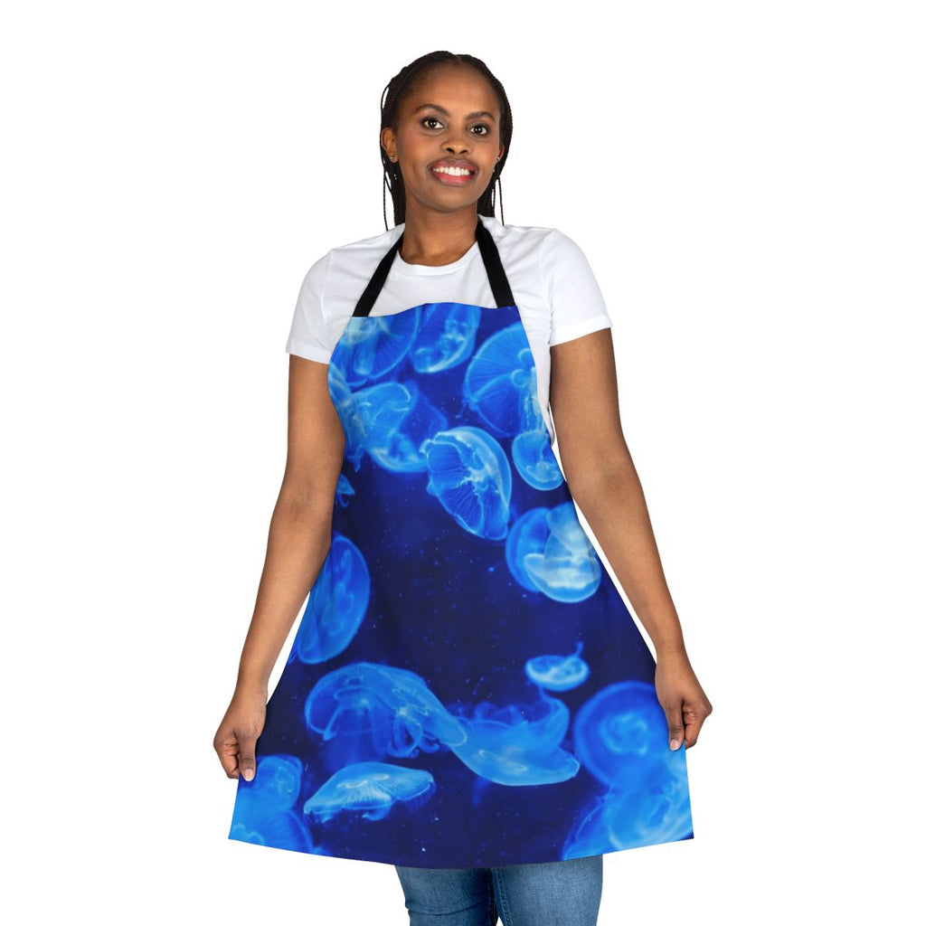 Image of a blue jellyfish design on an apron, perfect for cooking or crafting.