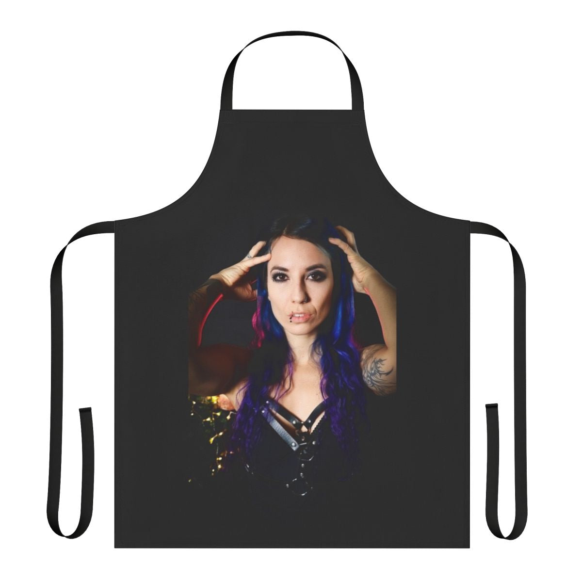 Apron featuring a blue-haired metal singer from the band Infinitas