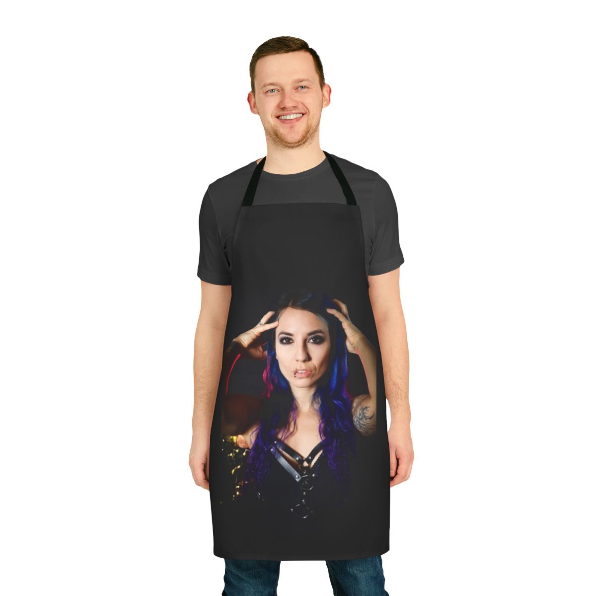 Apron featuring a blue-haired metal singer from the band Infinitas