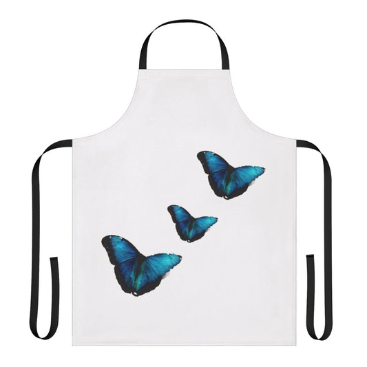 Apron featuring a vivid blue morpho butterfly design